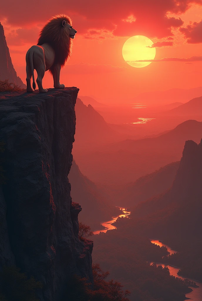 A lion king at the eng point of a mountain looking at the setting bloody sun view from right side