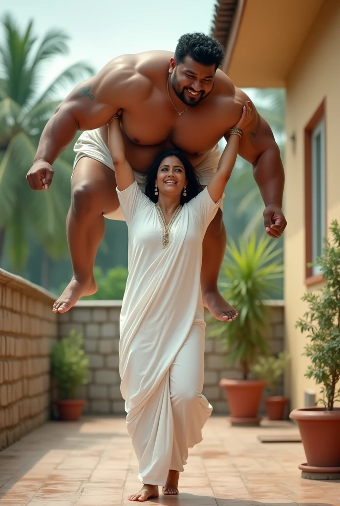 Beautiful and Slim Indian woman in white kurta lifting a large chubby man high above her head with her strong arms. Photorealistic. At home terrace, natural smile