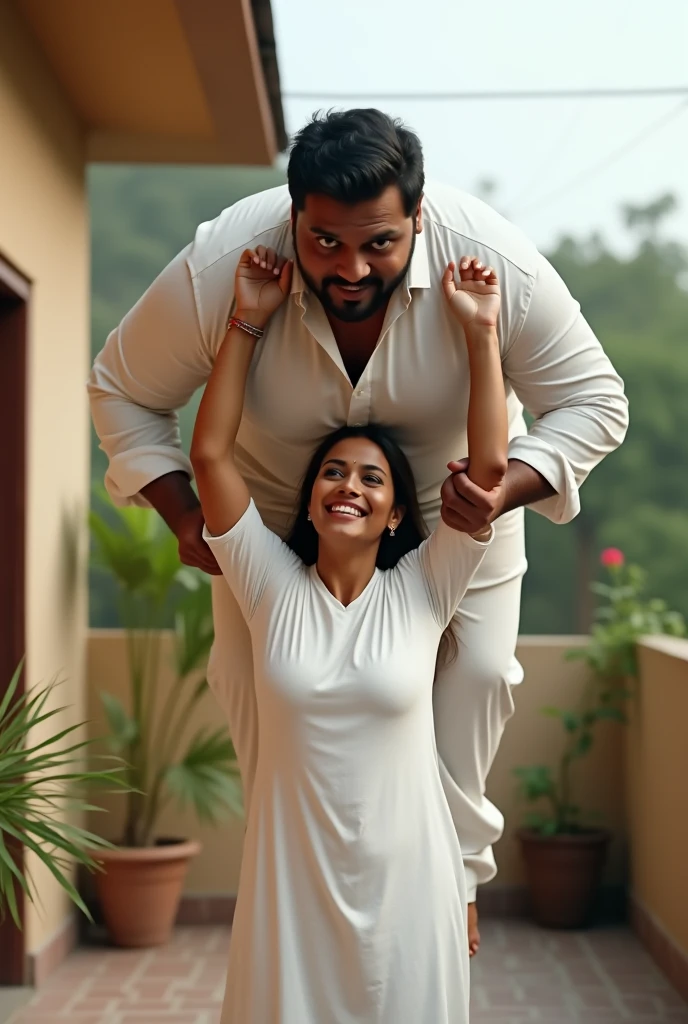 Beautiful and Slim Indian woman in white kurta lifting a large chubby man high above her head with her strong arms. Photorealistic. At home terrace, natural smile