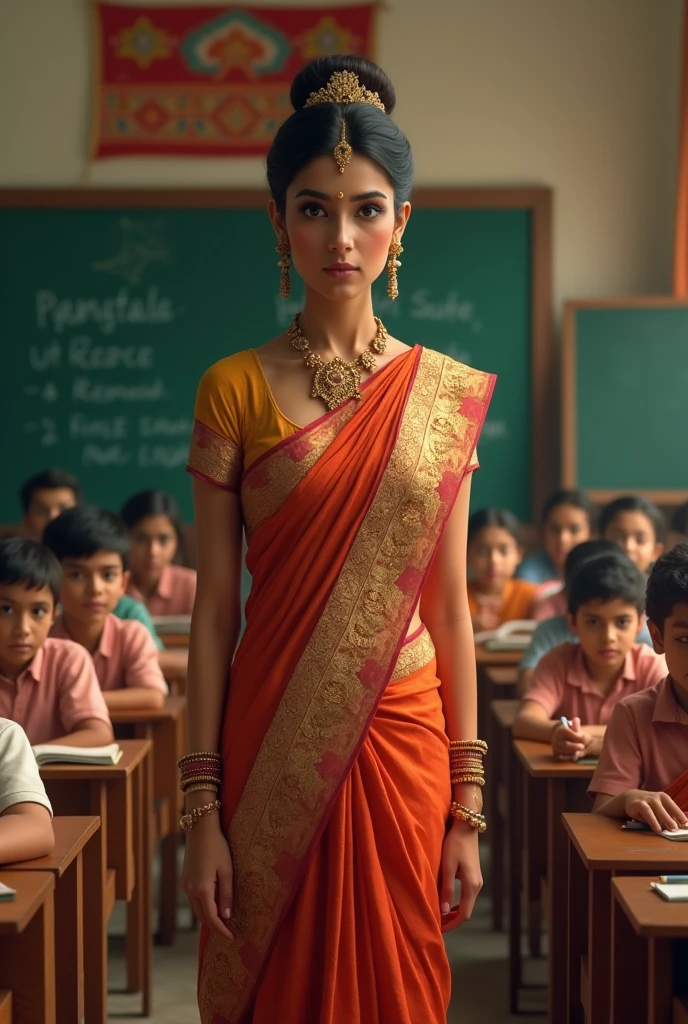 Make a image of an beautiful teacher in saree giving murga punishment to a boy in front of class