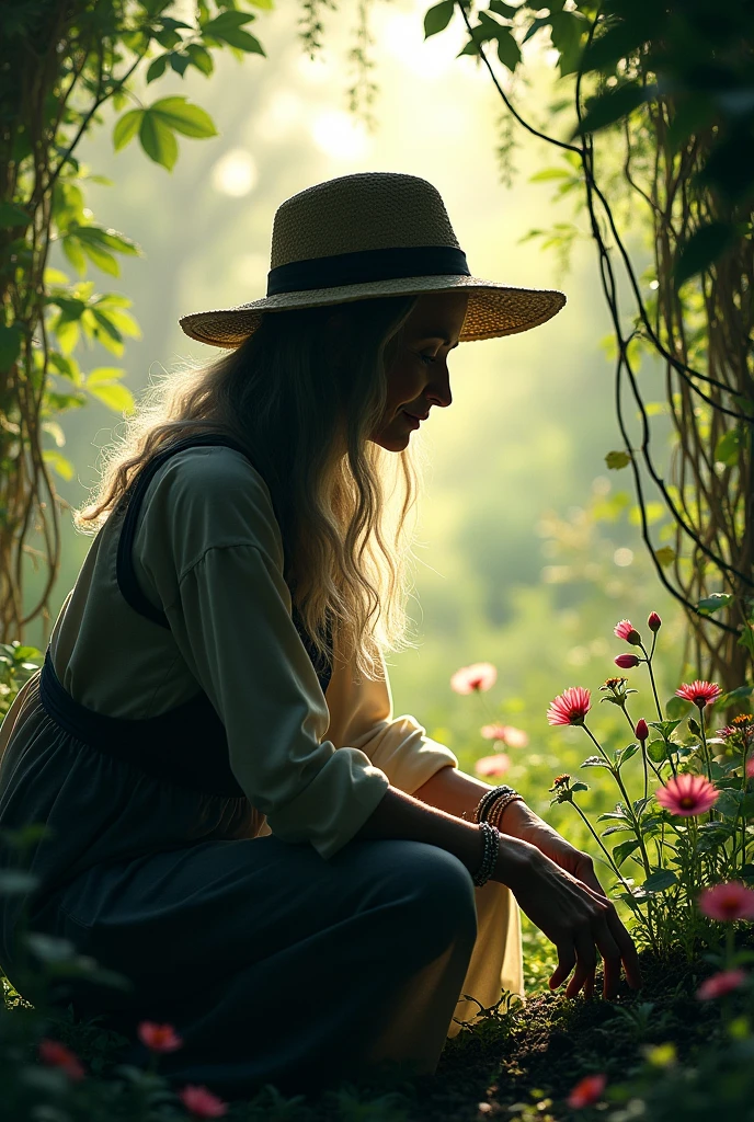 Profile silhouette of a 67 year old senior woman, hippie bohemian working in her garden