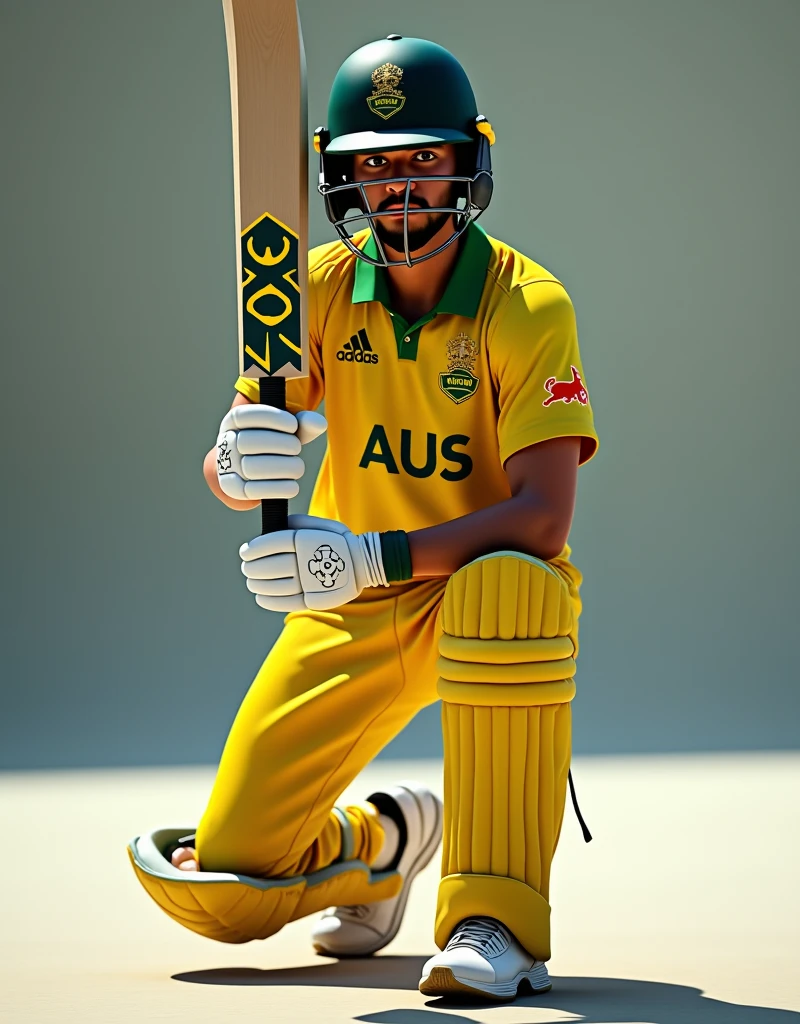 Give me a yellow jersey with AUS written on it. Wearing white sneakers. Cricket player wearing helmet, holding cricket bat in both hands, kneeling and looking towards the camera.,顶光drop shadow, anaglyph, stereogram, tachi-e, ass pov, atmospheric perspective, 8k, super detail, best quality