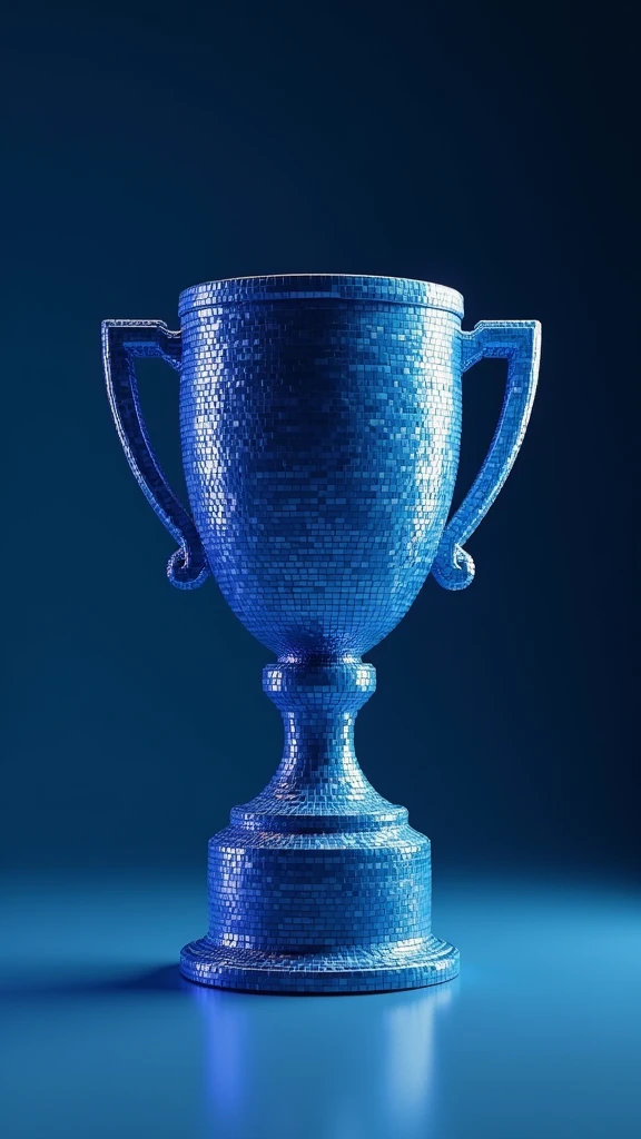Trophy shape made of small blue cubes，Matte metal texture，Deep blue space，Sense of space，Mosaic，The art of math，C4D，OC Renderer，Studio Lighting