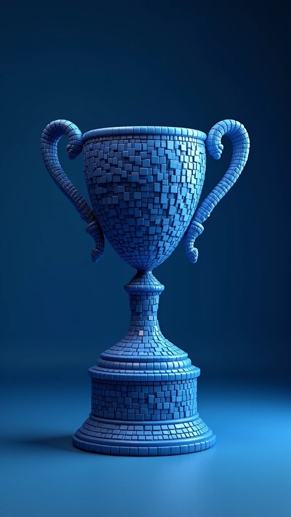 Trophy shape made of small blue cubes,Matte metal texture,Deep blue space,Sense of space,Mosaic,The art of math,C4D,OC Renderer,Studio Lighting