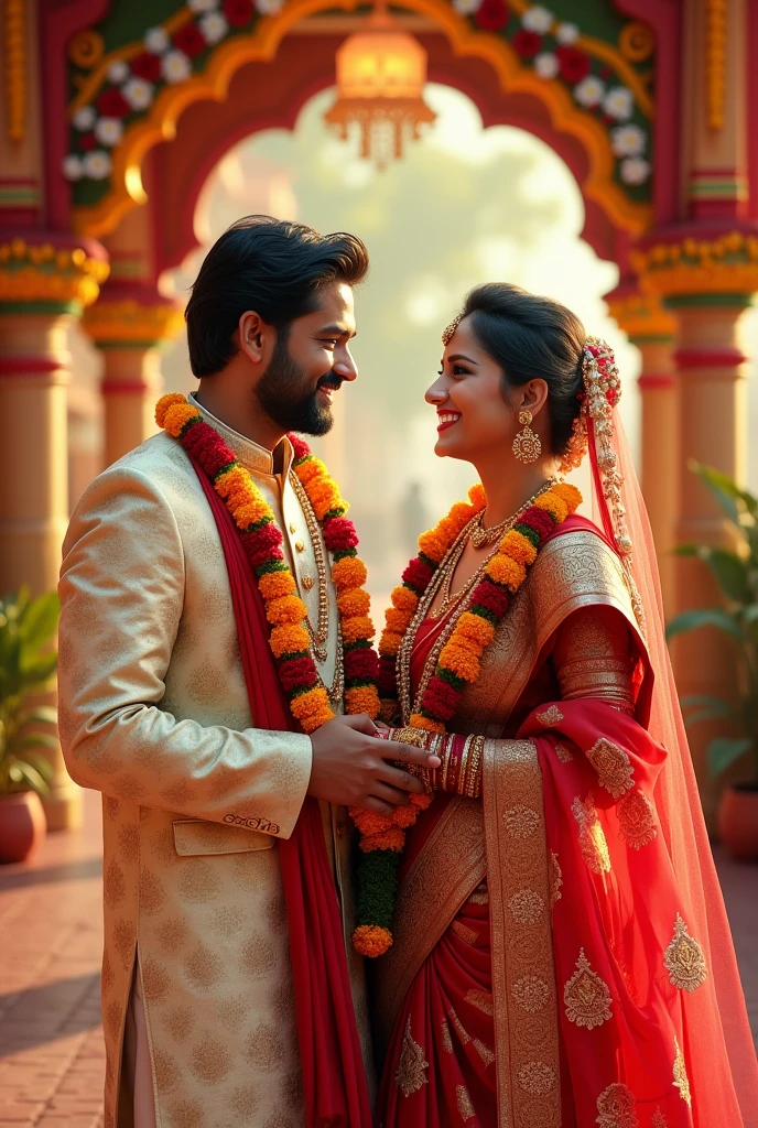 I want south indian tredisanal wedding couple dress with happy faces with weddings background