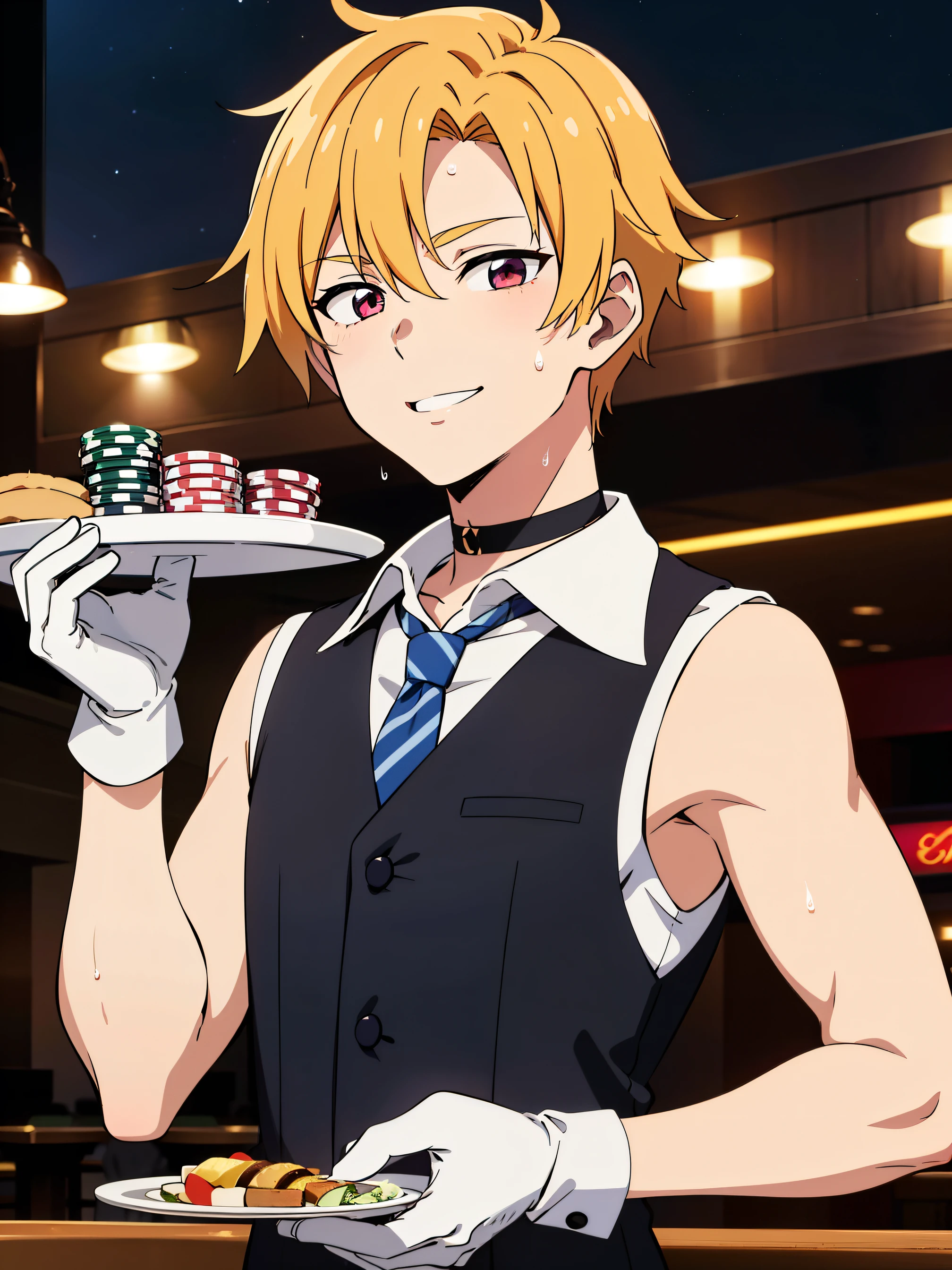 Highres, Masterpiece, Best quality at best,Best Quality,hight quality, hight detailed, Anime style, 1boy, Boy, Shota, Solo person, Sleeveless vest, Narrow shoulder, Tie, Gloves, Choker, Casino, Waiter, night day, Slim body, smile, sweat, Body, Simple beckground, Seen from the front, Serving food, (very young boy), (very small and short body)