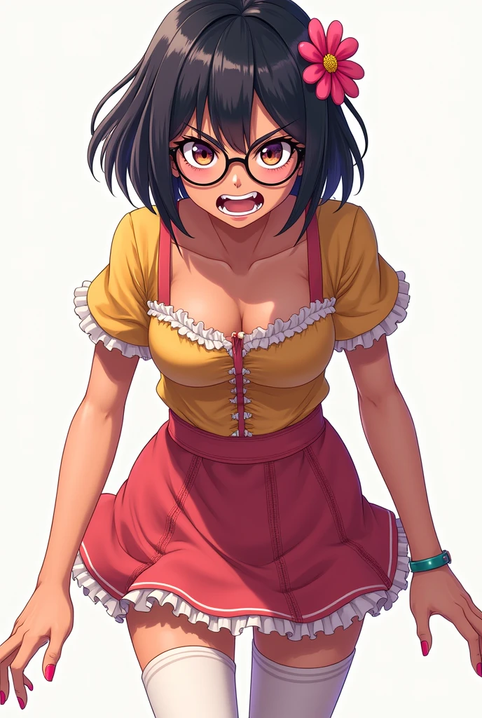 Anime nerdy girl, short black hair, hair highlights, tan skin, full body, nail polish, round glasses, frilly skirt, girly shirt, angry, flower hair accessory, thigh high socks
