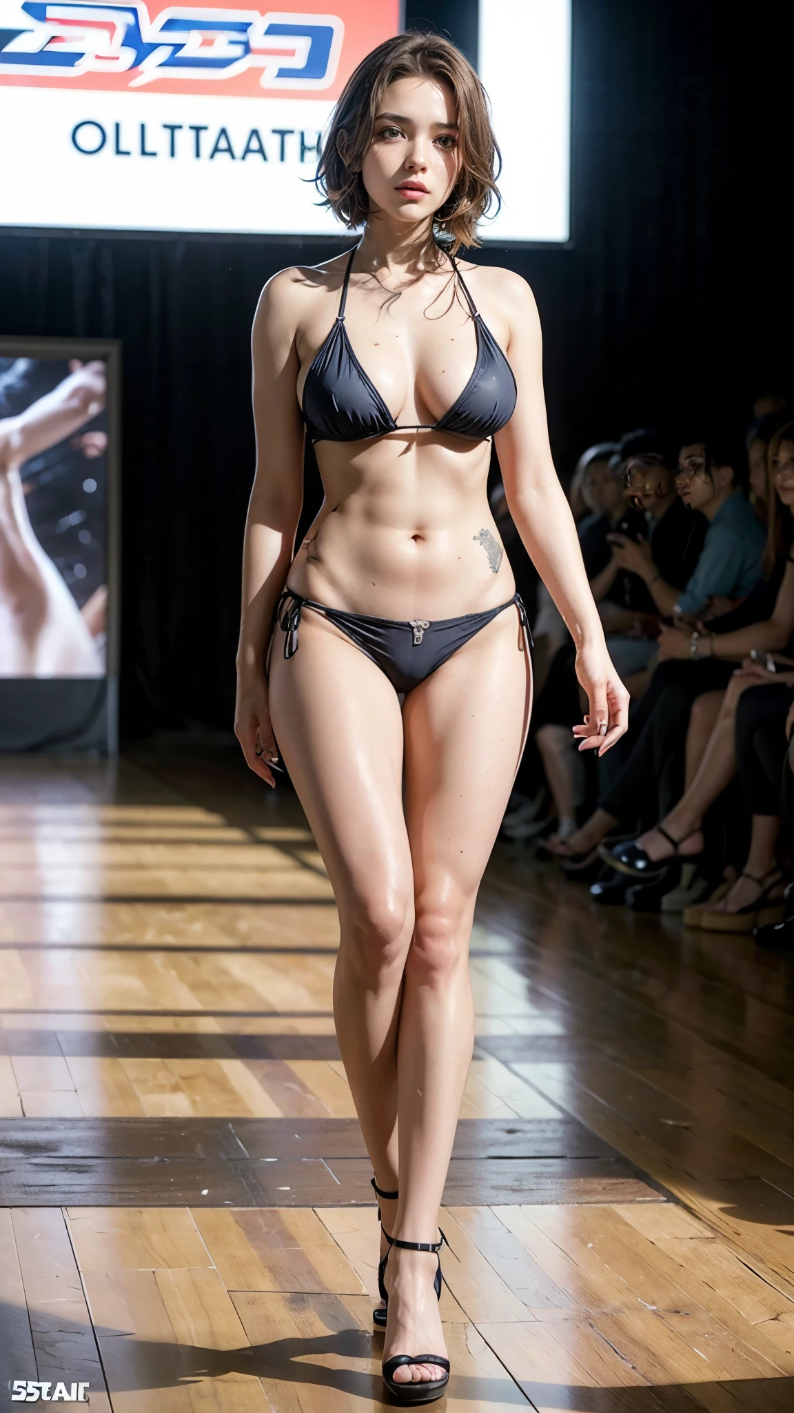 kaitlyndever1, as a swimwear model, photorealistic picture, (((walking the catwalk))), (confident), ((catwalk background)), (bikini), (Feminine), ((Sexy Face)), ((detailed pupils)), ((perfect eyes)), (revealing outfit), extremely detailed painting, intricate, brush strokes, ((art by Bastien Lecouffe-Deharme)), 8k wallpaper, NIKON, trending on ArtStation, trending on CGSociety, art by midjourney, (sexy), (full body:1.8), (upper body up:0.3), (hyper realistic:1.4), (realistic:1.3), (best quality real texture skin), Detailed eyes, detailed face, PERSEPHONE, (SFW:1.5) Hyperrealistic, LESS saggy breasts, (SMALL BREASTS:1.5), (HUGE LEGS:1.5), (LESS THIGHS:1.5), pernas perfeitas, pernas perfeitas, pernas lisas, pernas lisas e perfeitas, pernas torneadas, coxas torneadas, pernas lisas, coxas lisas. (pose erótica:1.5), (sobrancelhas espessas:1.2), (Grandes olhos roxos:1.2), (olhos ultra detalhados:1.4), (Olhos de alta resolução:1.1), (textura de pele ultra detalhada:1.4), (Belo corpo tonificado:1.1), arco de cabelo, (Pele úmida:1.1), (rosto sensual:1.5), (tan, muscular, , child, toddlers, girl, , sd character:1.5), (SD CHARACTER:1.5), (SD, CHARACTER:3.0), LITTLE PERSON, SMALL PERSON, MIDGET, (tan, muscular, , , child, , toddlers, chibi, sd character:1.1),