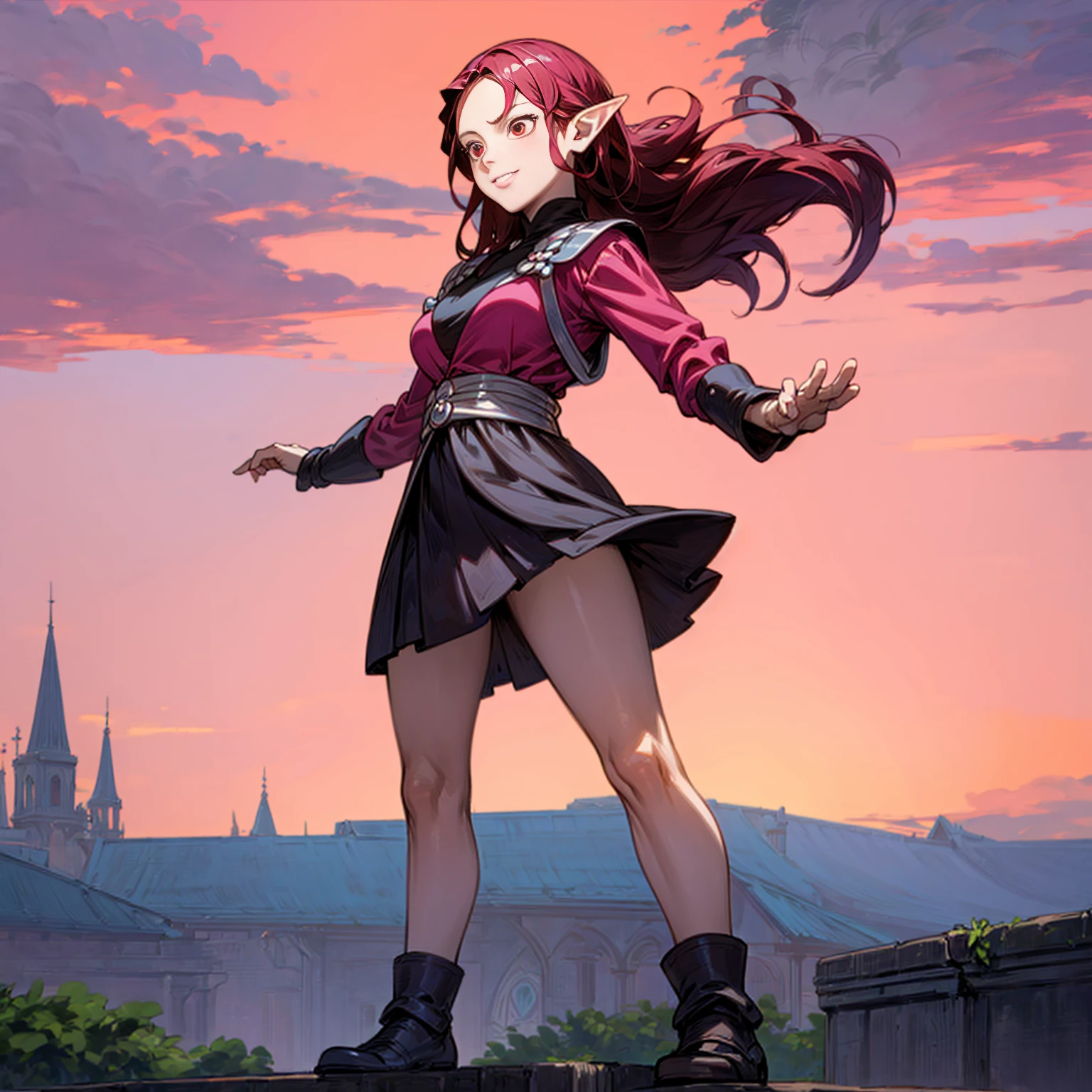 Solo character, full body version, kid girl, (elf), red eyes, red color hair, long hair, pink shirt clothing, brown skirt, shoes, outdoor, village, medieval, standing gesture, detailed background, detailed clothing, detailed hair, (black clover style art, Doraemon style art), smile mouth, big breast, detailed finger