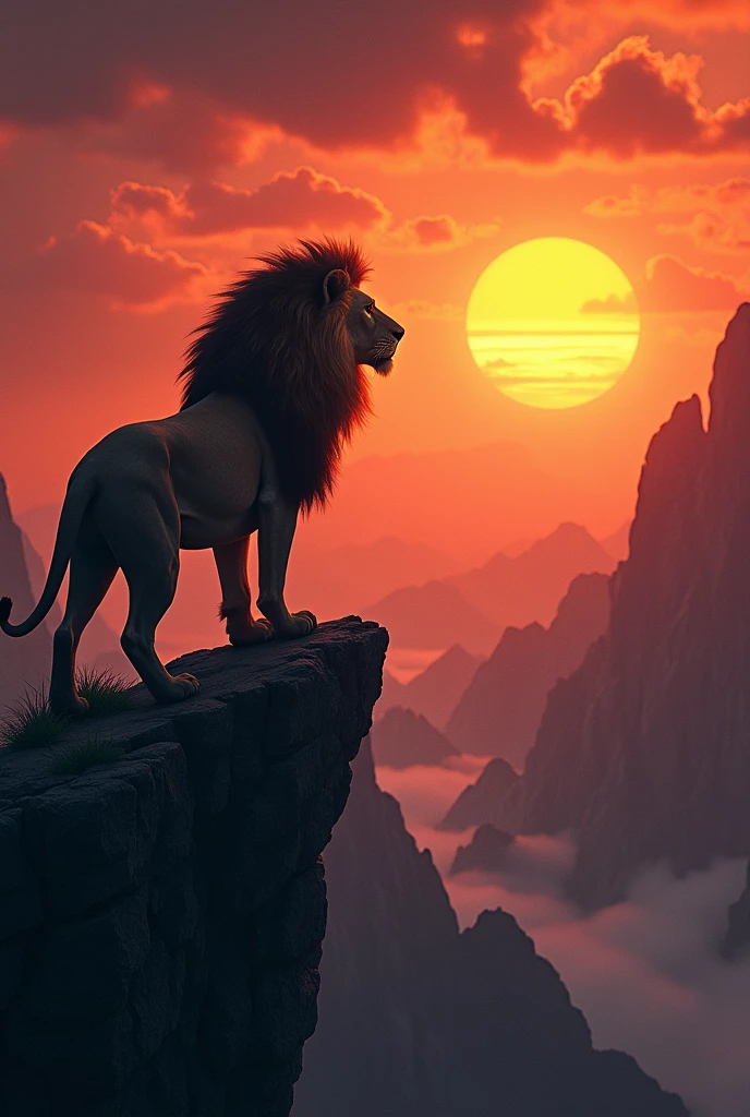 A lion king at the eng point of a mountain looking at the setting bloody sun, view from right side
