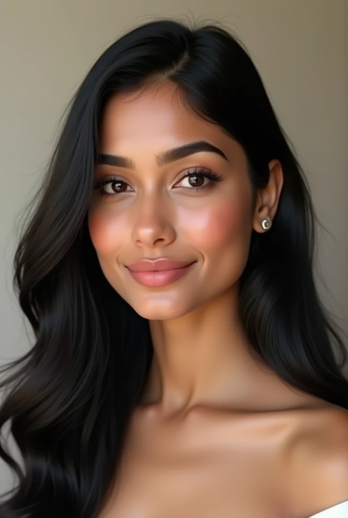 “Create a realistic, consistently beautiful 26-year-old Indian woman with specific facial features that remain the same in every generation. She has a fair complexion with a warm undertone, almond-shaped dark brown eyes with long lashes, a straight nose, and full lips with a natural rosy tint. Her hair is long, straight, and jet black, styled in soft waves that frame her face. She has a defined jawline, high cheekbones, and a gentle, welcoming smile. She should wear a light, natural makeup look that enhances her features without overpowering them. The character should embody elegance, warmth, and approachability in every generated image, ensuring her appearance remains identical each time.”