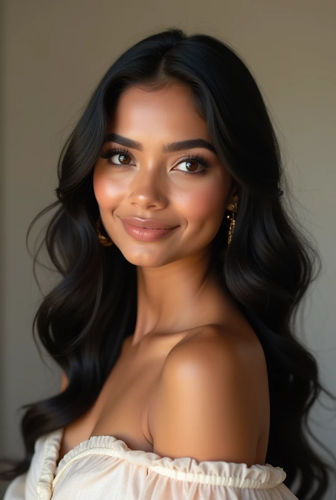 “Create a realistic, consistently beautiful 26-year-old Indian woman with specific facial features that remain the same in every generation. She has a fair complexion with a warm undertone, almond-shaped dark brown eyes with long lashes, a straight nose, and full lips with a natural rosy tint. Her hair is long, straight, and jet black, styled in soft waves that frame her face. She has a defined jawline, high cheekbones, and a gentle, welcoming smile. She should wear a light, natural makeup look that enhances her features without overpowering them. The character should embody elegance, warmth, and approachability in every generated image, ensuring her appearance remains identical each time.”