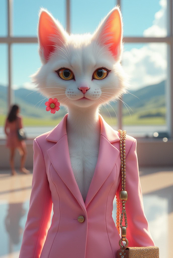 Cat female glitter white skin , suit traveler, airport, earing flower , pink suit , in the hills