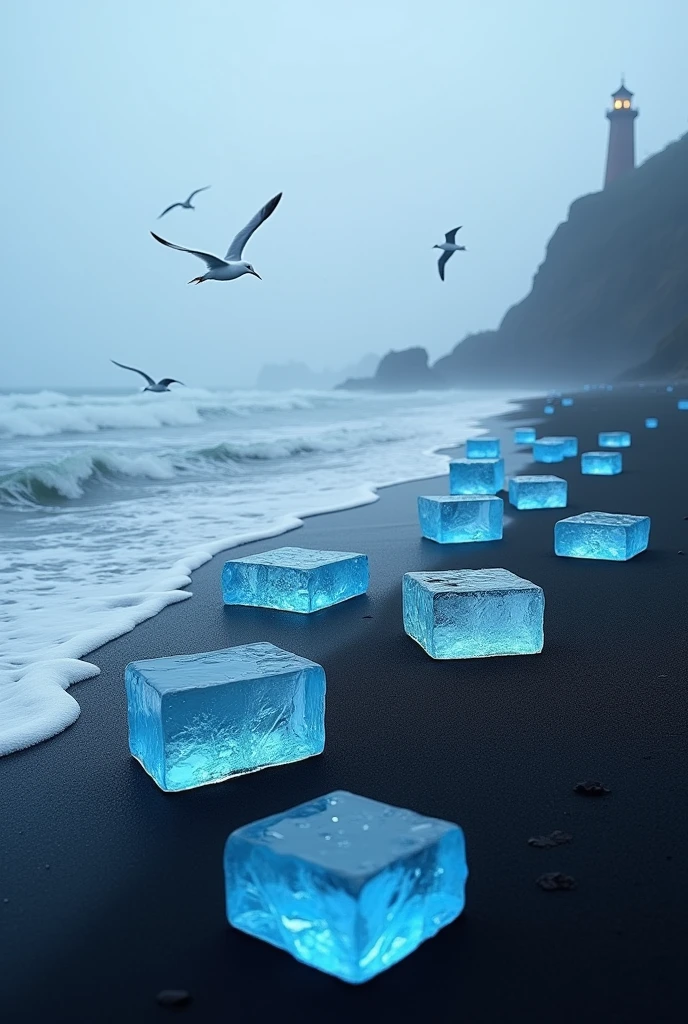 On the black sand beach，Scattered glass-textured blue ice cubes，The waves lap against the shore，Seagulls are flying，Lighthouse illuminates the distance