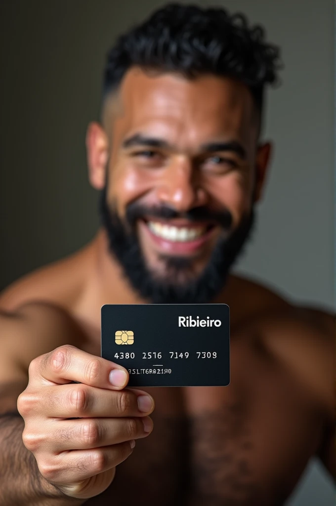 Smiling, strong, hairy mixed race man showing a black credit card with “RIBEIRO” written on it.