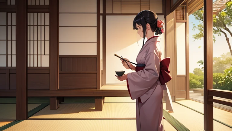 A part-time woman in a kimono working at a teahouse、Please draw an illustration of tea ceremony utensils being arranged.。The woman has a concentrated expression、Preparing to make tea。The background features bamboo fences and tatami floors.、There is a calm atmosphere。