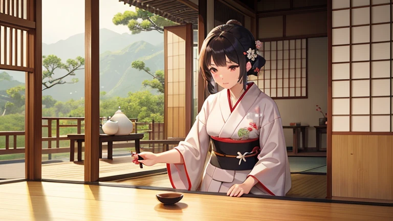 A part-time woman in a kimono working at a teahouse、Please draw an illustration of tea ceremony utensils being arranged.。The woman has a concentrated expression、Preparing to make tea。The background features bamboo fences and tatami floors.、There is a calm atmosphere。