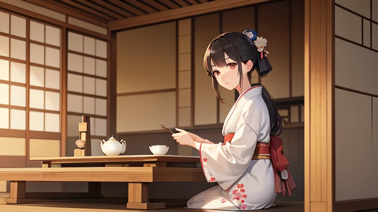 A part-time woman in a kimono working at a teahouse、Please draw an illustration of tea ceremony utensils being arranged.。The woman has a concentrated expression、Preparing to make tea。The background features bamboo fences and tatami floors.、There is a calm atmosphere。