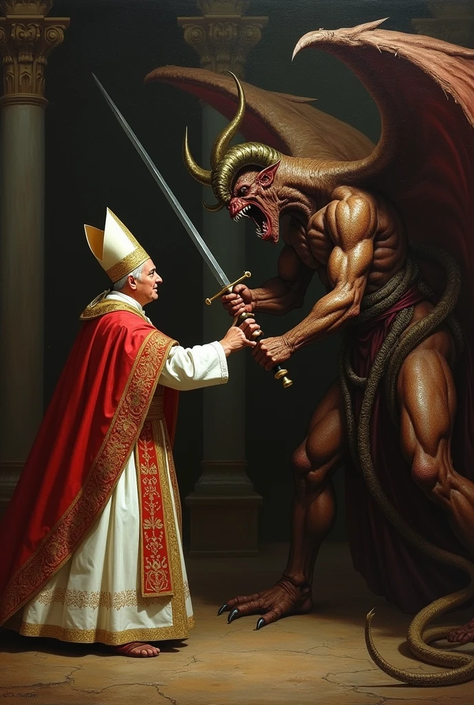 caravaggio style painting of pope francis clashing swords with prince lucifer