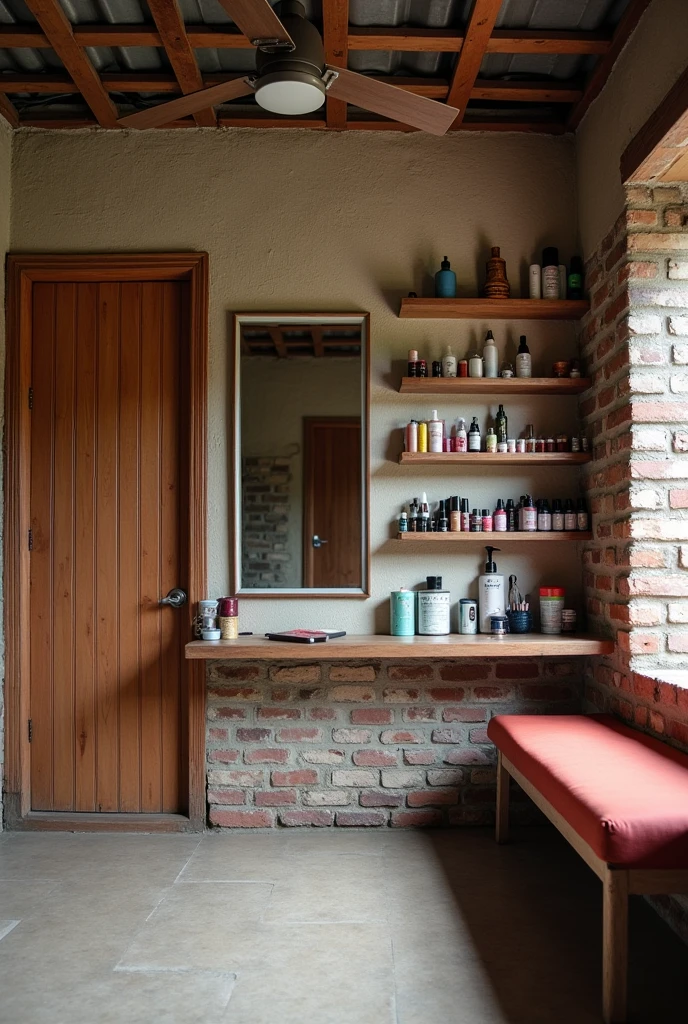 Uttarakhand rural area location parlour inside view left side is door single wooden and 70 percent rest area is transparent mirror having cosmetics aligned at bottom, front wall is having single medium sized square mirror, center with a old black parlour customer chair right side with wooden open rackes and cosmetics and cream are aligned back wall is empty with single bench for sitting. All the wall is cemented bricked and roof has a ceiling fan with tin shed