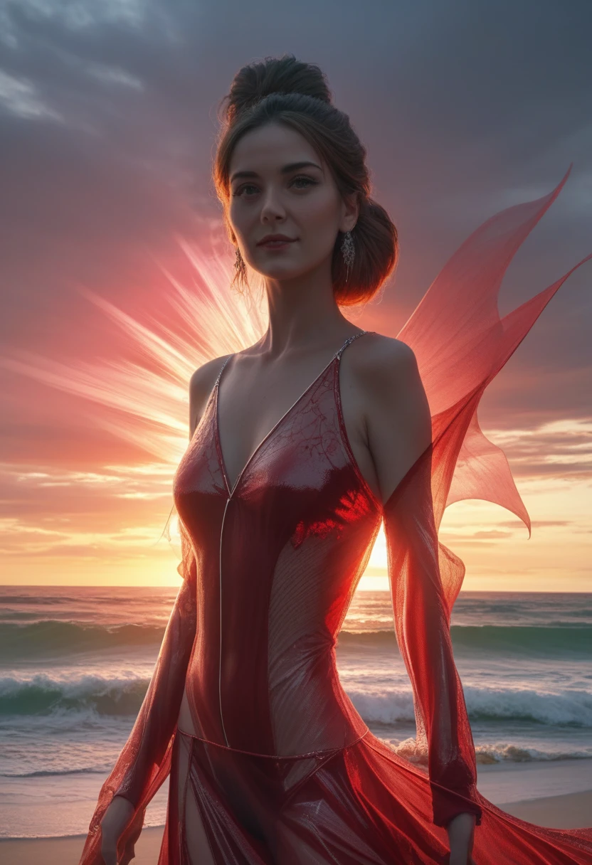 picture last dawn vampire girl in red transparent dress on the beach, Julie Bell Бипл, Julie Bell, Alena Enami and Artgerm, Detailed 4k digital art, stunning artwork in 8k, Highly detailed 4K digital art, beautiful art uhd 4k, beautiful digital images, 4k fantasy art, 4k digital image, Epic fantasy in digital art style