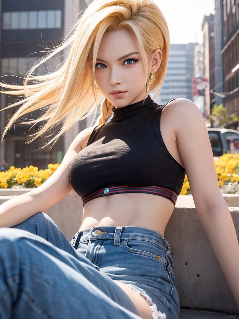 Masterpiece, best quality, ai-generated,official art,dragon ball,1girl,android 18, city,stylish pose,
