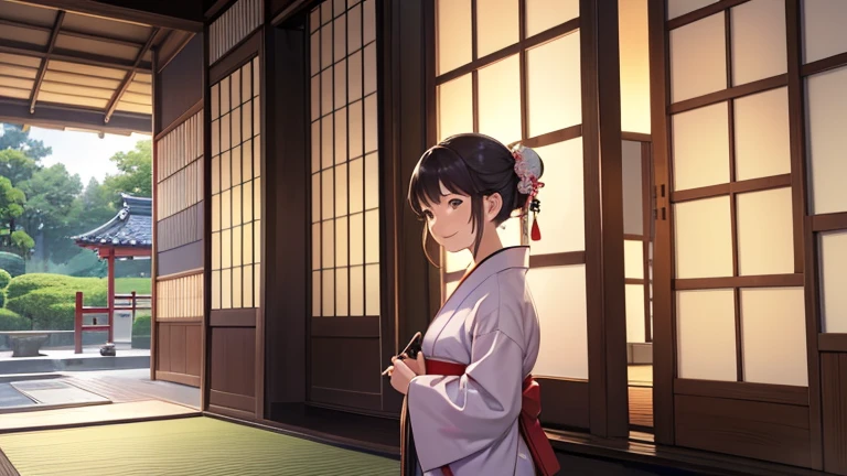 A part-time worker wearing a kimono、Please draw an illustration of someone adjusting a noren curtain outside a teahouse.。The woman was smiling as she adjusted the noren curtain.、A traditional Japanese garden spreads out in the background.。