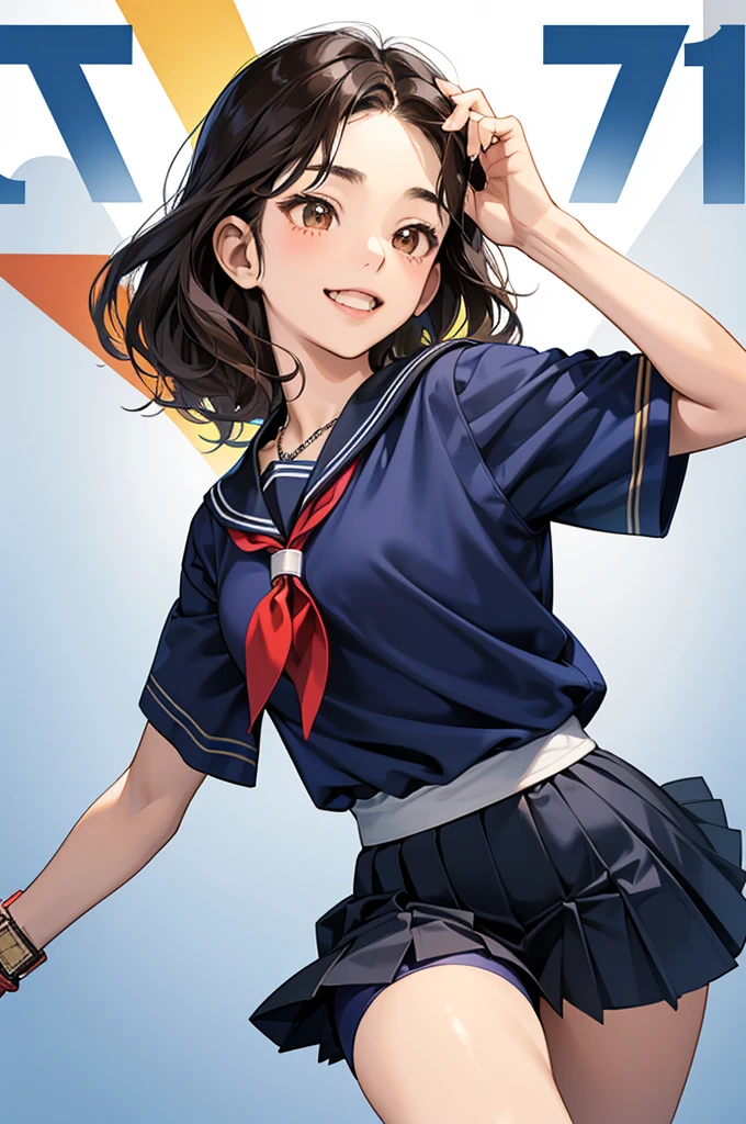 17-year-old Japanese high school girl, (((short slightly wavy hair))), bright and energetic large dark brown eyes, slim face with a characteristic smile, athletic build, slightly taller than average, wearing a navy blue sailor uniform with a shorter skirt, sporty t-shirt and shorts for casual wear, sports watch and simple pendant necklace