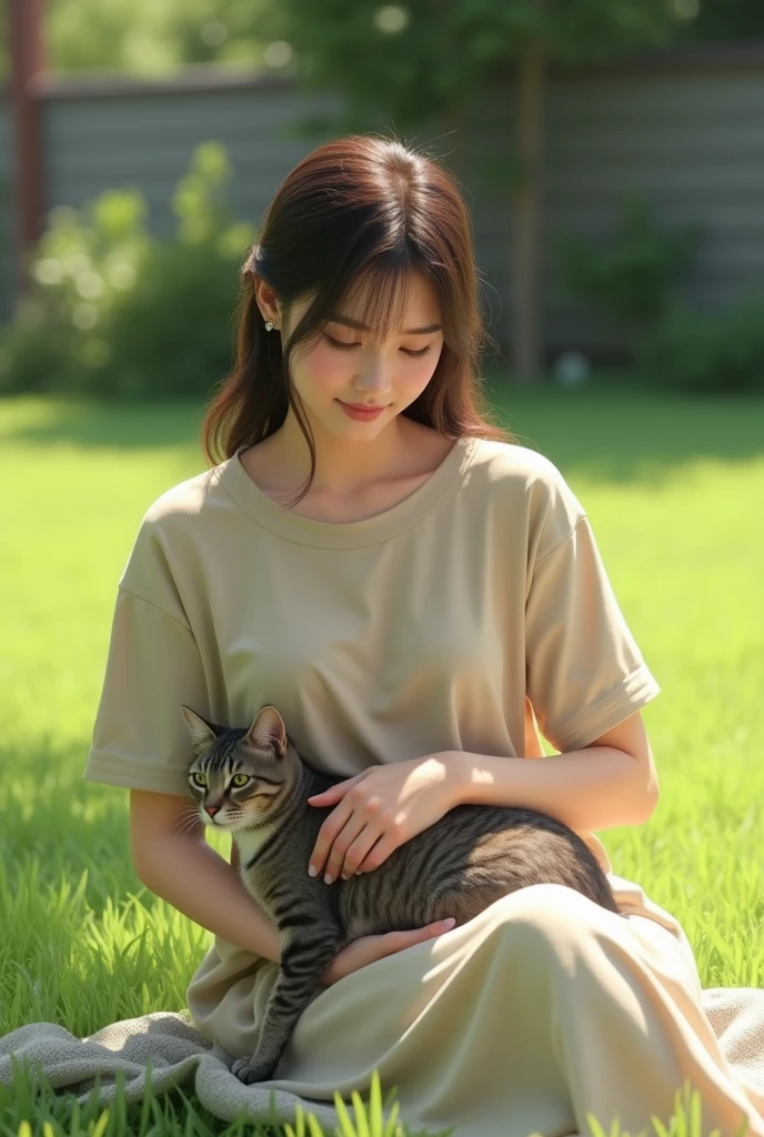 woman wearing beige cotton t-shirt sitting on lawn, holding a shorthair silver tabby cat in his arms