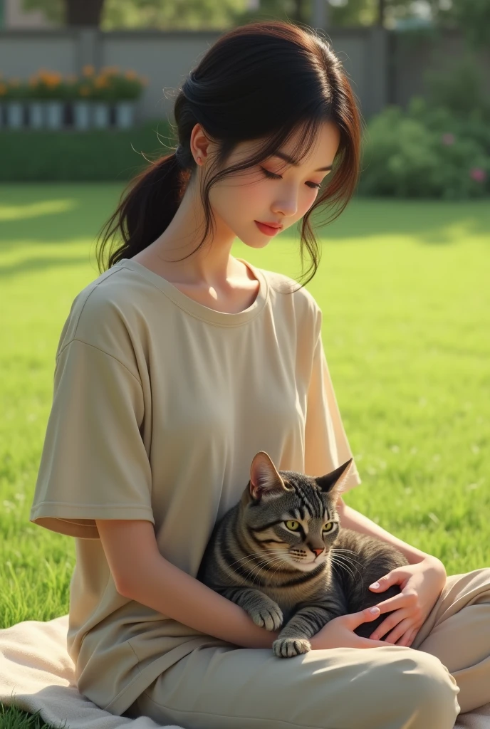 woman wearing beige cotton t-shirt sitting on lawn, holding a shorthair silver tabby cat in his arms