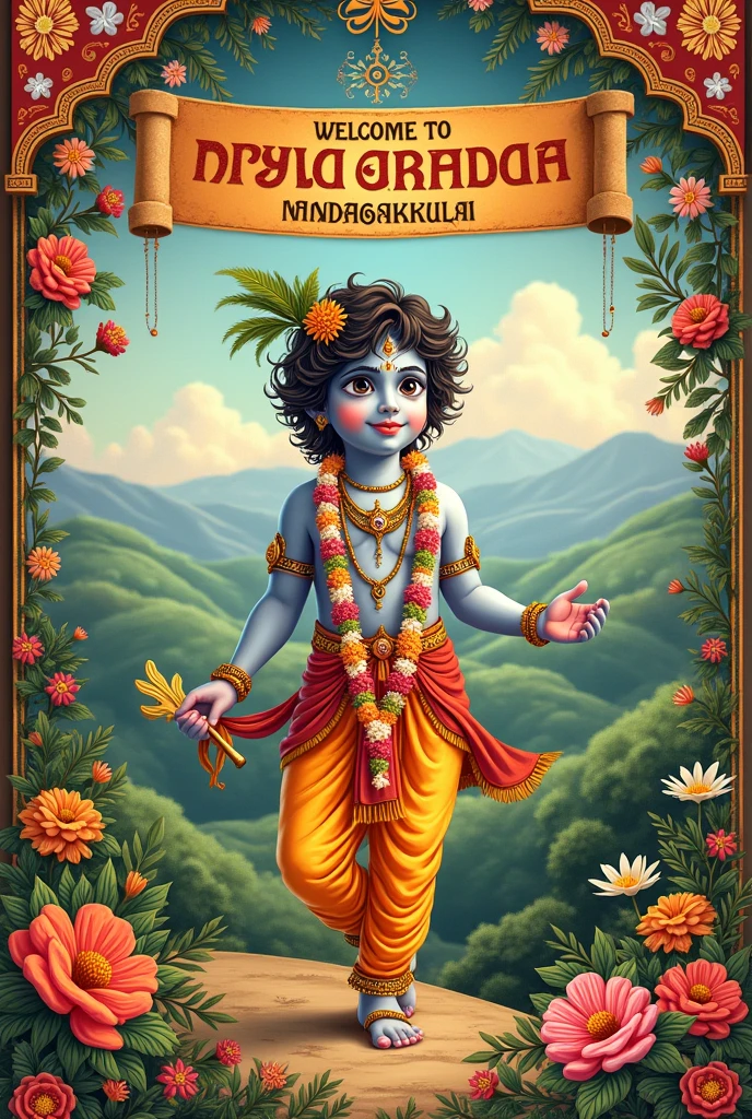 A traditional Indian vintage welcome board saying welcome to nandagokula in Pichwai theme and a cuter krishna