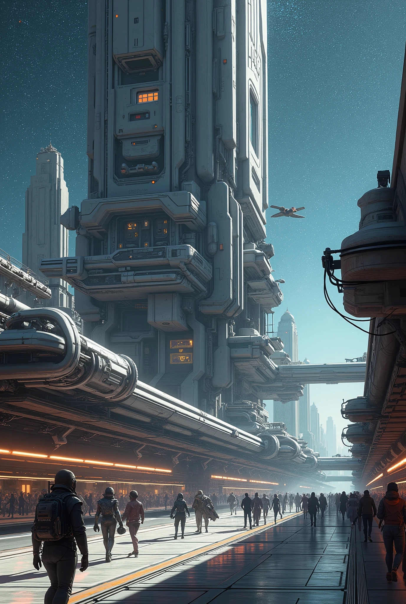 scifi photorealism, high tech futuristic space civilization station, detailed 