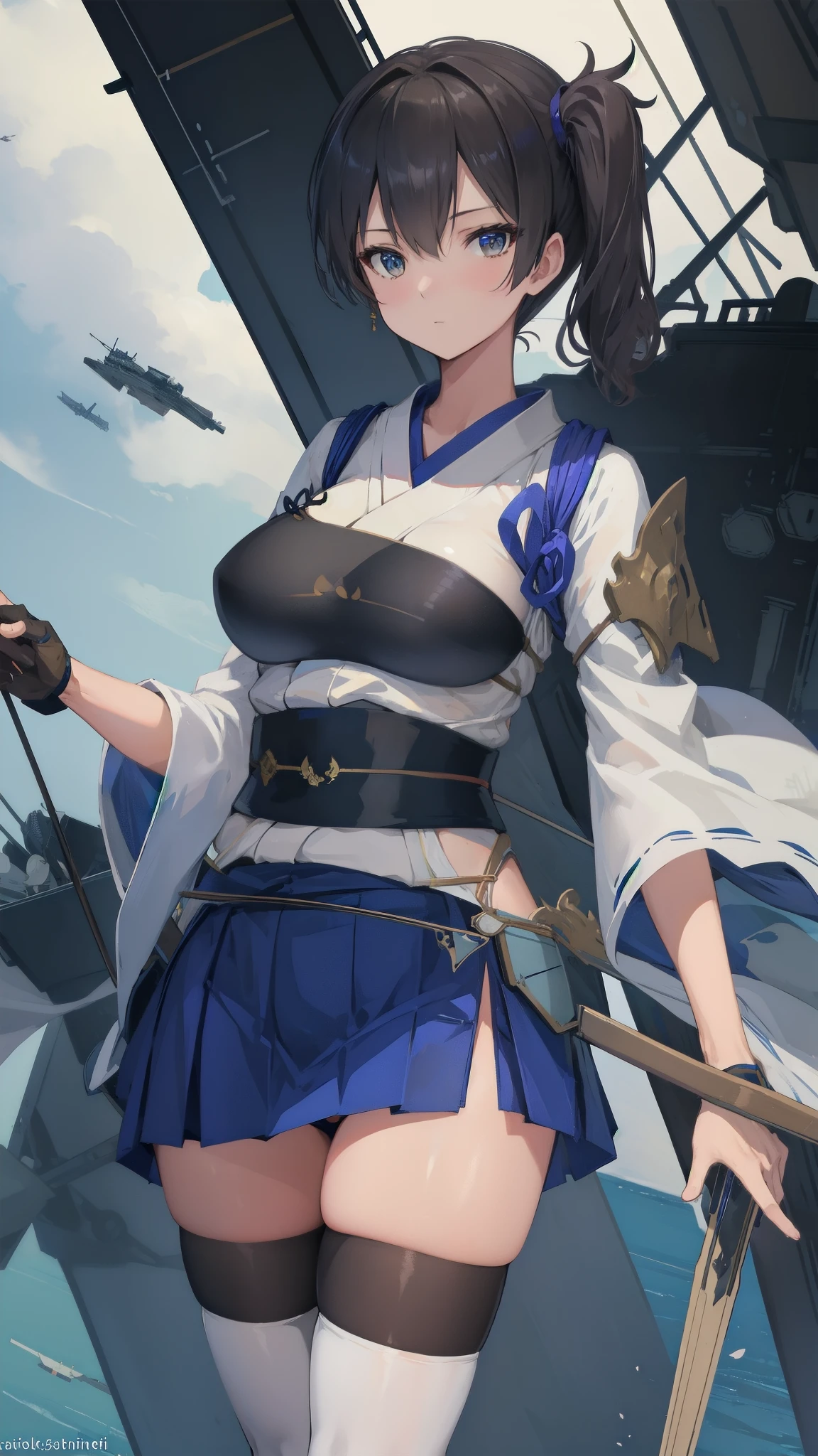 Kaga(Fleet Collection),highest quality, masterpiece, High resolution,kimono,blue skirt,side ponytail,big_breasts,