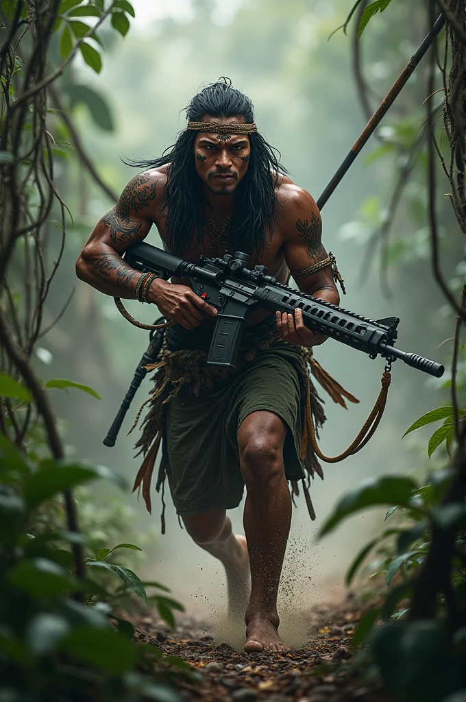 Papua new guinea ghost warrior special force soldier sniper weapon and spear charging to face enemies