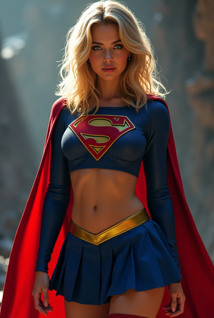 full view of A SEXY FEMALE WITH DARK BLUE EYES AND MEDIUM MESSY GOLDEN BLONDE HAIR WEARING A CLASSIC WHITE SUPERGIRL LONG SLEEVED CROP TOP COSTUME, A SHORT BLUE PLEATED SKIRT WITH A YELLOW SUPERGIRL BELT, RED HIGH HEELED SUPERGIRL BOOTS, AND SHORT RED SUPERGIRL CAPE WITH YELLOW TRIM. , incredibly detailed skin and eyes, seductive poses, 8K resolution, masterpiece, ultra-detailed, realistic, photo-realistic, vivid colors, dramatic lighting, LARGE VOLUMPTUOUS BREASTS.