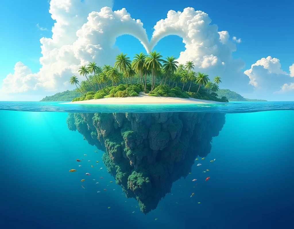Masterpiece, best composition, dynamic composition, islet in the sea, palm trees, lower half of islet extends under the surface of the sea, you can see into the sea, fish are swimming, clouds are floating in the sky, clouds are shaped like a heart, blue sky.
