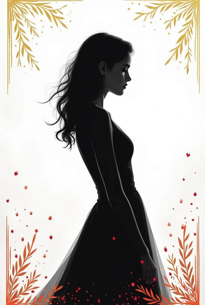 Make a book cover with the following information.
The background is white and on the edges of the cover there are gold details as if they were plant vines., besides some red details like fire embers. In the center, draw the silhouette of a young woman from the side, just from the shoulders up. 