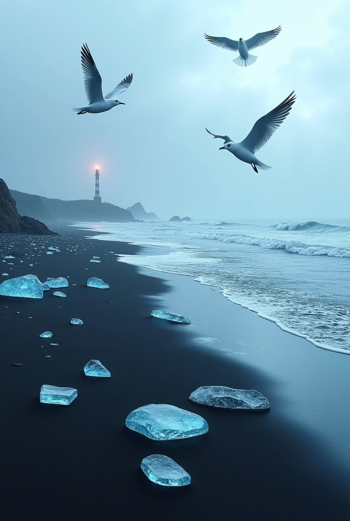 On the black sand beach，Scattered glass texture，Irregular shaped blue ice，The waves lap against the shore，Seagulls are flying，Lighthouse illuminates the distance