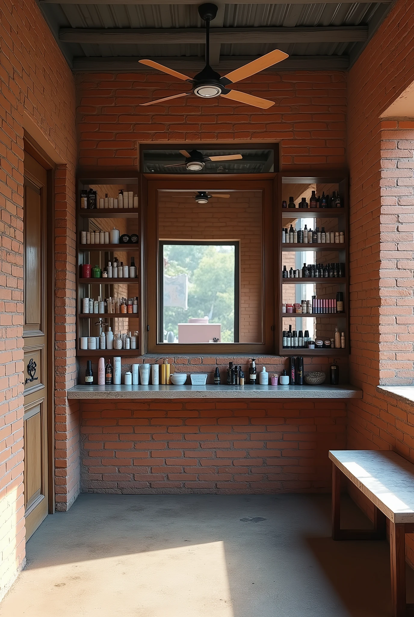 Uttarakhand rural area location parlour inside view left side is door single wooden and 70 percent rest area is transparent mirror having cosmetics aligned at bottom, front wall is having single medium sized square mirror, center with a old black parlour customer chair right side with wooden open rackes and cosmetics and cream are aligned back wall is empty with single bench for sitting. All the wall is cemented bricked and roof has a ceiling fan with tin shed
