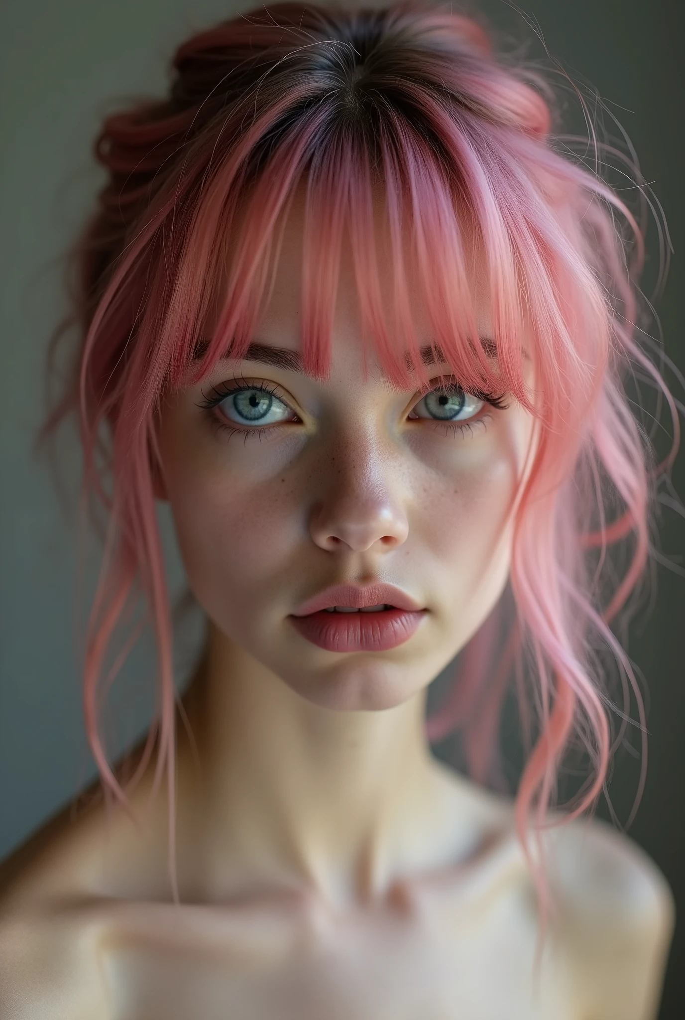 a beautiful of very thin young totally nude female who looks anorexic gazing sadly into the camera lens. .very excited white eyes dark pink hair
