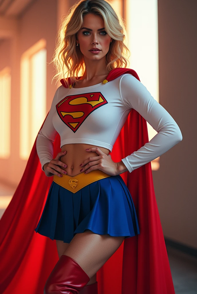 full view of A SEXY CURVY FEMALE WITH DARK BLUE EYES AND MEDIUM MESSY GOLDEN BLONDE HAIR WEARING A CLASSIC WHITE SUPERGIRL LONG SLEEVED CROP TOP COSTUME, A SHORT BLUE PLEATED SKIRT WITH A YELLOW SUPERGIRL BELT, RED HIGH HEELED SUPERGIRL BOOTS, AND SHORT RED SUPERGIRL CAPE WITH YELLOW TRIM. , incredibly detailed skin and eyes, seductive poses, 8K resolution, masterpiece, ultra-detailed, realistic, photo-realistic, vivid colors, dramatic lighting,