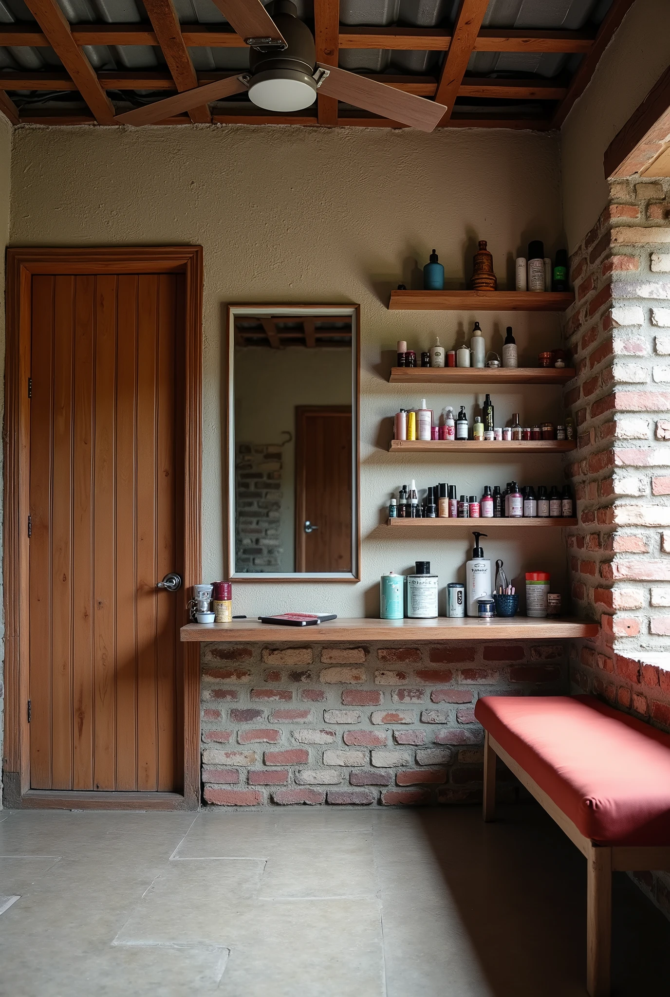Uttarakhand rural area location parlour inside view left side is door single wooden and 70 percent rest area is transparent mirror having cosmetics aligned at bottom, front wall is having single medium sized square mirror, center with a old black parlour customer chair right side with wooden open rackes and cosmetics and cream are aligned back wall is empty with single bench for sitting. All the wall is cemented bricked and roof has a ceiling fan with tin shed