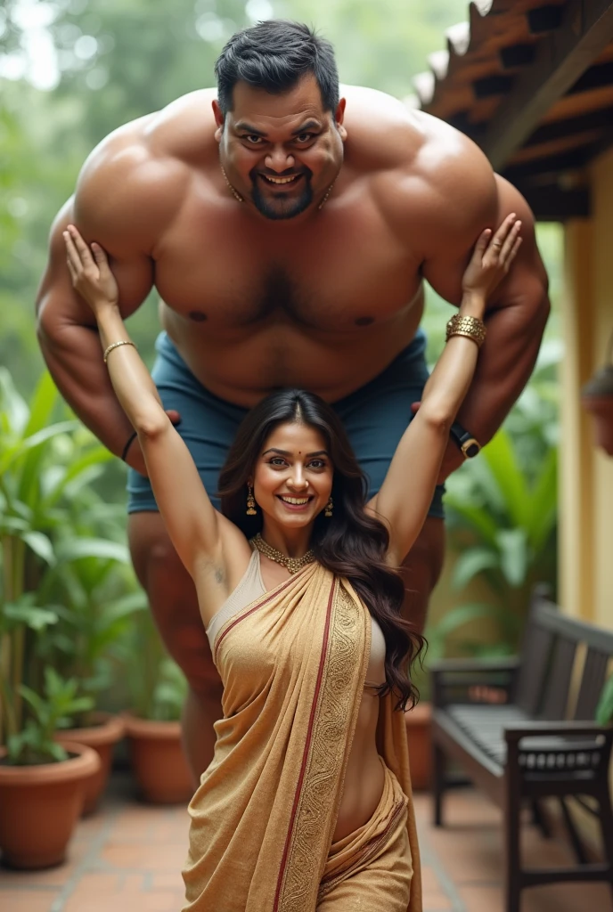 Beautiful and Slim Indian woman Aishwarya Rai lifting a large chubby man high above her head with her strong arms. Photorealistic. At home terrace, natural smile