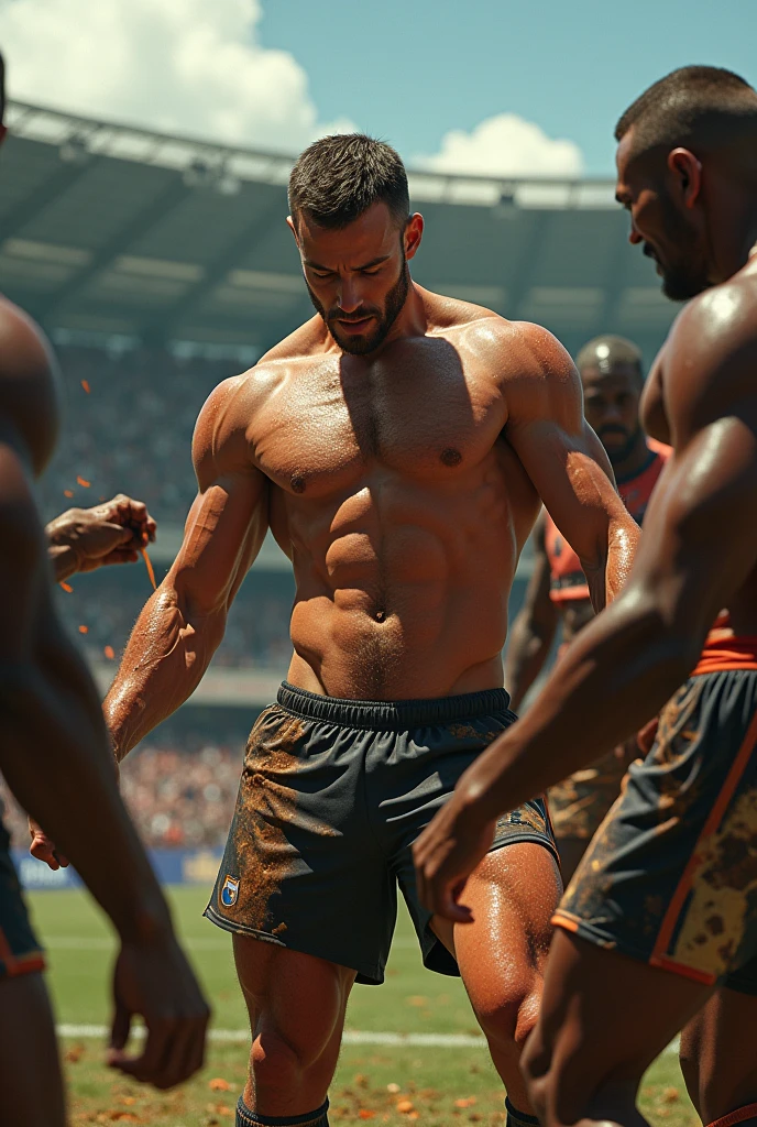 Um homem musculoso com pelos no peito blowjob, face fuck, gagging, anal sex, spit roast, cocks in all holes, cum covered, pale skin, rounded white ass, thick thighs, sport socks, blushing, monster black cocks, interracial, masculine, men, man, beard, green eyes, short brown hair, soccer jersey, soccer arena