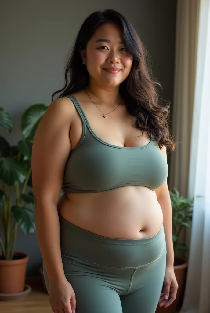 A slightly plump Asian woman with her belly exposed,Wearing tight yoga clothes,Untidy