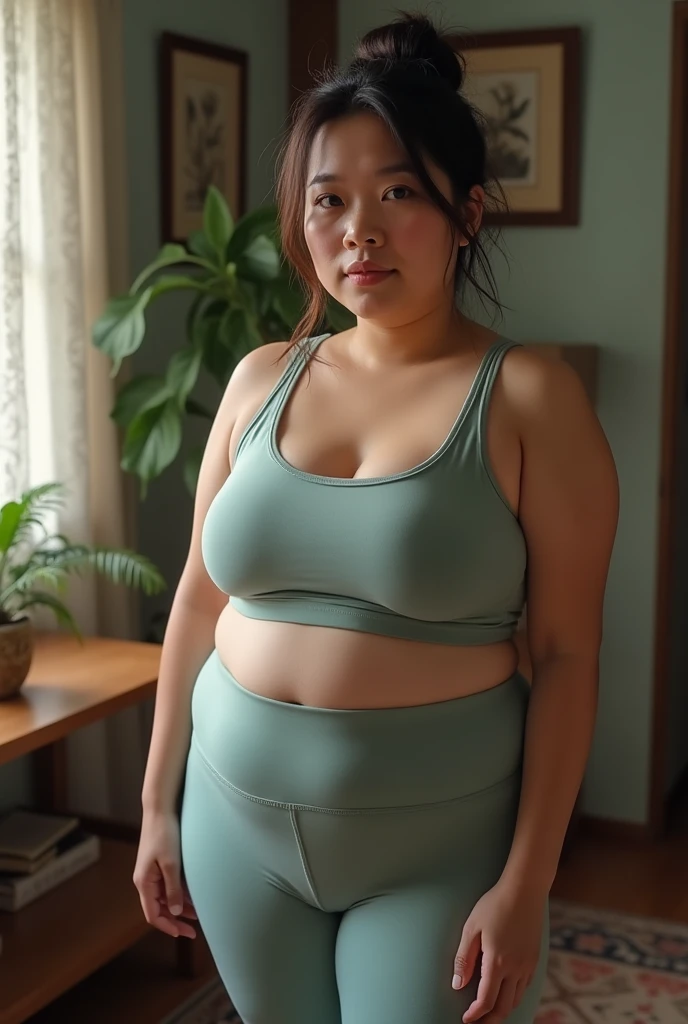 A slightly plump Asian woman with her belly exposed,Wearing tight yoga clothes,Untidy