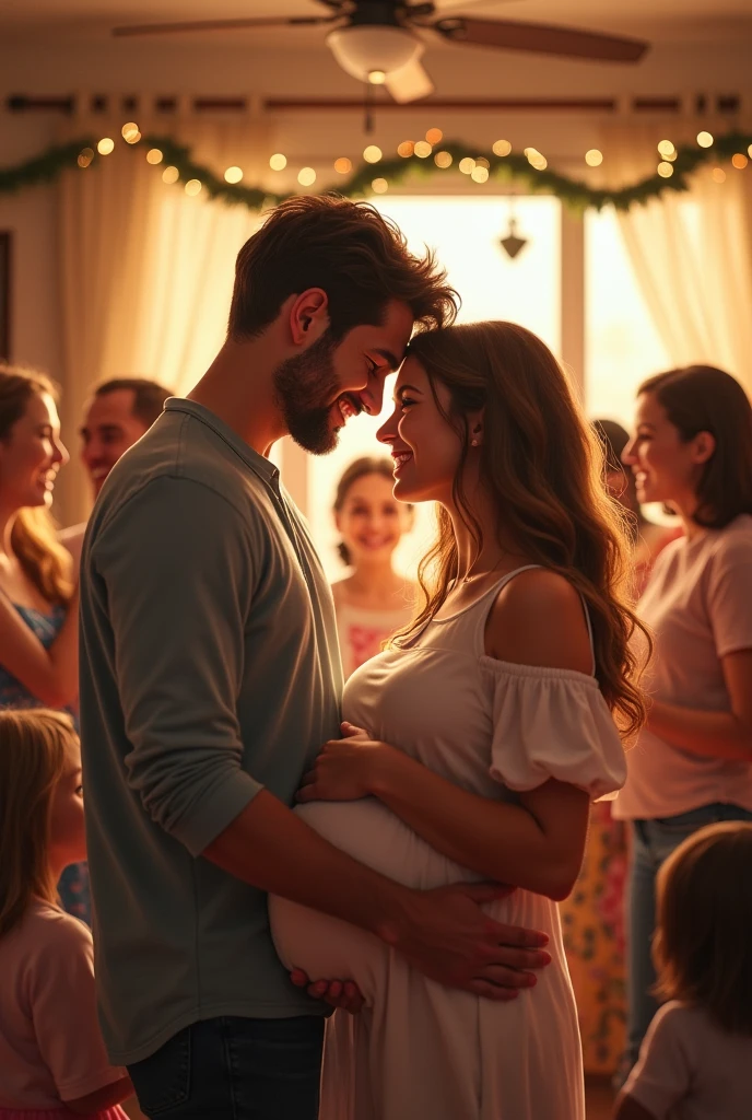 Husband and pregnant wife at a friendly party