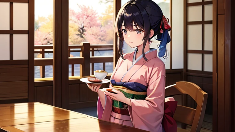 A part-time worker wearing a kimono、Please draw an illustration of tea being served at a tea shop.。The woman puts a teacup on a tray.、Serve tea to customers with care。In the background is the interior of a traditional teahouse.。