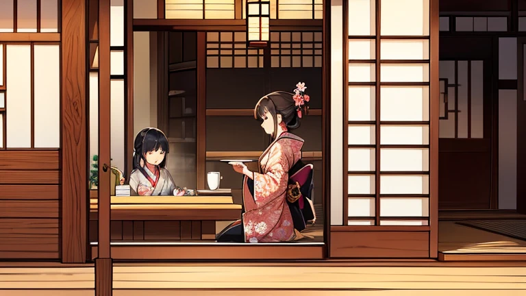 A part-time worker wearing a kimono、Please draw an illustration of tea being served at a tea shop.。The woman puts a teacup on a tray.、Serve tea to customers with care。In the background is the interior of a traditional teahouse.。