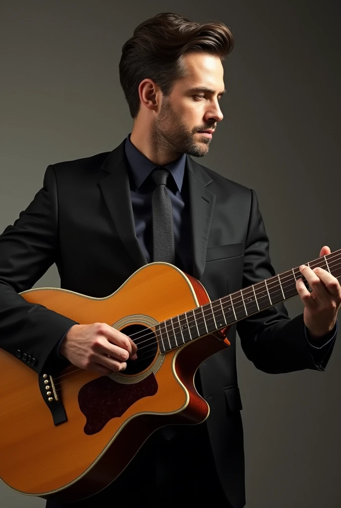 A man in a black suit and a Takamine guitar